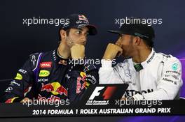 (L to R): Daniel Ricciardo (AUS) Red Bull Racing with Lewis Hamilton (GBR) Mercedes AMG F1 in the FIA Press Conference. 15.03.2014. Formula 1 World Championship, Rd 1, Australian Grand Prix, Albert Park, Melbourne, Australia, Qualifying Day.