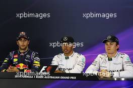 The FIA Press Conference (L to R): Daniel Ricciardo (AUS) Red Bull Racing; Lewis Hamilton (GBR) Mercedes AMG F1; Nico Rosberg (GER) Mercedes AMG F1. 15.03.2014. Formula 1 World Championship, Rd 1, Australian Grand Prix, Albert Park, Melbourne, Australia, Qualifying Day.