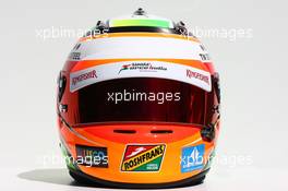 The helmet of Sergio Perez (MEX) Sahara Force India F1. 13.03.2014. Formula 1 World Championship, Rd 1, Australian Grand Prix, Albert Park, Melbourne, Australia, Preparation Day.
