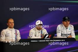 The post qualifying FIA Press Conference (L to R): Valtteri Bottas (FIN) Williams, second; Felipe Massa (BRA) Williams, pole position; Nico Rosberg (GER) Mercedes AMG F1, third  21.06.2014. Formula 1 World Championship, Rd 8, Austrian Grand Prix, Spielberg, Austria, Qualifying Day.