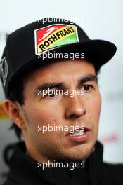 Sergio Perez (MEX) Sahara Force India F1 with the media. 21.02.2014. Formula One Testing, Bahrain Test One, Day Three, Sakhir, Bahrain.