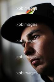 Sergio Perez (MEX) Sahara Force India F1 with the media. 21.02.2014. Formula One Testing, Bahrain Test One, Day Three, Sakhir, Bahrain.