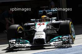 Lewis Hamilton (GBR) Mercedes AMG F1 W05 leaves the pits. 21.02.2014. Formula One Testing, Bahrain Test One, Day Three, Sakhir, Bahrain.