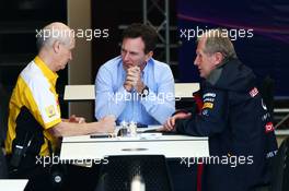 (L to R): Jean-Michel Jalinier (FRA) Renault F1 Sport President and Managing Director with Christian Horner (GBR) Red Bull Racing Team Principal and Dr Helmut Marko (AUT) Red Bull Motorsport Consultant. 19.02.2014. Formula One Testing, Bahrain Test One, Day One, Sakhir, Bahrain.