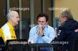 (L to R): Jean-Michel Jalinier (FRA) Renault F1 Sport President and Managing Director with Christian Horner (GBR) Red Bull Racing Team Principal and Dr Helmut Marko (AUT) Red Bull Motorsport Consultant. 19.02.2014. Formula One Testing, Bahrain Test One, Day One, Sakhir, Bahrain.