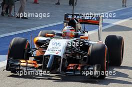 Nico Hulkenberg (GER) Sahara Force India F1 VJM07 leaves the pits. 19.02.2014. Formula One Testing, Bahrain Test One, Day One, Sakhir, Bahrain.