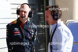 (L to R): Adrian Newey (GBR) Red Bull Racing Chief Technical Officer with Christian Horner (GBR) Red Bull Racing Team Principal. 19.02.2014. Formula One Testing, Bahrain Test One, Day One, Sakhir, Bahrain.