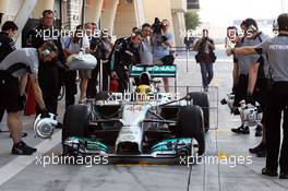 Lewis Hamilton (GBR) Mercedes AMG F1 W05 in the pits with sensor equipment. 19.02.2014. Formula One Testing, Bahrain Test One, Day One, Sakhir, Bahrain.