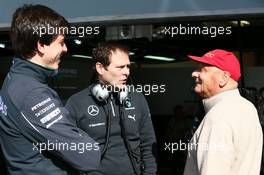 (L to R): Toto Wolff (GER) Mercedes AMG F1 Shareholder and Executive Director with Aldo Costa (ITA) Mercedes AMG F1 Engineering Director and Niki Lauda (AUT) Mercedes Non-Executive Chairman. 19.02.2014. Formula One Testing, Bahrain Test One, Day One, Sakhir, Bahrain.