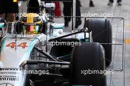 Lewis Hamilton (GBR) Mercedes AMG F1 W05 in the pits with sensor equipment. 19.02.2014. Formula One Testing, Bahrain Test One, Day One, Sakhir, Bahrain.