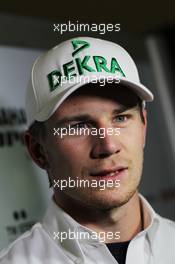 Nico Hulkenberg (GER) Sahara Force India F1 with the media. 01.03.2014. Formula One Testing, Bahrain Test Two, Day Three, Sakhir, Bahrain.