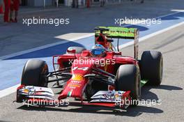 Fernando Alonso (ESP) Ferrari F14-T running flow-vis paint on the rear wing. 02.03.2014. Formula One Testing, Bahrain Test Two, Day Four, Sakhir, Bahrain.