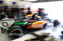 Sergio Perez (MEX) Sahara Force India F1 VJM07 leaves the pits. 27.02.2014. Formula One Testing, Bahrain Test Two, Day One, Sakhir, Bahrain.