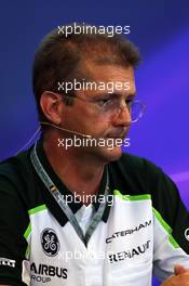 John Iley (GBR) Caterham F1 Team Technical Director in the FIA Press Conference. 22.08.2014. Formula 1 World Championship, Rd 12, Belgian Grand Prix, Spa Francorchamps, Belgium, Practice Day.