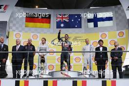 The podium (L to R): Nico Rosberg (GER) Mercedes AMG F1, second; Daniel Ricciardo (AUS) Red Bull Racing, race winner; Valtteri Bottas (FIN) Williams, third. 24.08.2014. Formula 1 World Championship, Rd 12, Belgian Grand Prix, Spa Francorchamps, Belgium, Race Day.