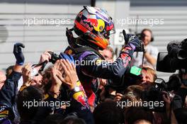 Race winner Daniel Ricciardo (AUS) Red Bull Racing celebrates in parc ferme. 24.08.2014. Formula 1 World Championship, Rd 12, Belgian Grand Prix, Spa Francorchamps, Belgium, Race Day.