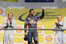 The podium (L to R): Nico Rosberg (GER) Mercedes AMG F1, second; Daniel Ricciardo (AUS) Red Bull Racing, race winner; Valtteri Bottas (FIN) Williams, third. 24.08.2014. Formula 1 World Championship, Rd 12, Belgian Grand Prix, Spa Francorchamps, Belgium, Race Day.
