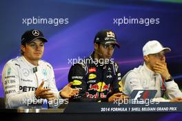 The post race FIA Press Conference (L to R): Nico Rosberg (GER) Mercedes AMG F1, second; Daniel Ricciardo (AUS) Red Bull Racing, race winner; Valtteri Bottas (FIN) Williams, third. 24.08.2014. Formula 1 World Championship, Rd 12, Belgian Grand Prix, Spa Francorchamps, Belgium, Race Day.