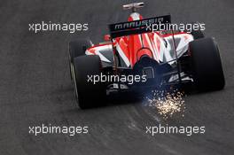 Max Chilton (GBR) Marussia F1 Team MR03 sparks through Eau Rouge. 23.08.2014. Formula 1 World Championship, Rd 12, Belgian Grand Prix, Spa Francorchamps, Belgium, Qualifying Day.