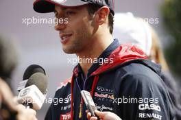 Daniel Ricciardo (AUS) Red Bull Racing with the media. 21.08.2014. Formula 1 World Championship, Rd 12, Belgian Grand Prix, Spa Francorchamps, Belgium, Preparation Day.