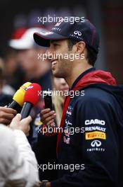 Daniel Ricciardo (AUS) Red Bull Racing with the media. 21.08.2014. Formula 1 World Championship, Rd 12, Belgian Grand Prix, Spa Francorchamps, Belgium, Preparation Day.