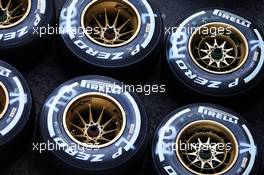Pirelli tyres for Romain Grosjean (FRA) Lotus F1 Team. 21.08.2014. Formula 1 World Championship, Rd 12, Belgian Grand Prix, Spa Francorchamps, Belgium, Preparation Day.