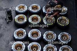 Lotus F1 Team mechanic prepares Pirelli tyres. 21.08.2014. Formula 1 World Championship, Rd 12, Belgian Grand Prix, Spa Francorchamps, Belgium, Preparation Day.