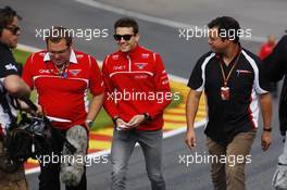 Jules Bianchi (FRA) Marussia F1 Team walks the circuit with Dave Greenwood (GBR) Marussia F1 Team Race Engineer (Left) and Ted Kravitz (GBR) Sky Sports Pitlane Reporter (Right). 21.08.2014. Formula 1 World Championship, Rd 12, Belgian Grand Prix, Spa Francorchamps, Belgium, Preparation Day.