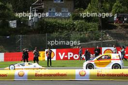 (L to R): Fernando Alonso (ESP) Ferrari and team mate Kimi Raikkonen (FIN) Ferrari drive cars from the Shell Eco Marathon. 21.08.2014. Formula 1 World Championship, Rd 12, Belgian Grand Prix, Spa Francorchamps, Belgium, Preparation Day.