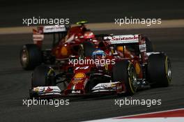 Fernando Alonso (ESP) Ferrari F14-T leads team mate Kimi Raikkonen (FIN) Ferrari F14-T. 06.04.2014. Formula 1 World Championship, Rd 3, Bahrain Grand Prix, Sakhir, Bahrain, Race Day.