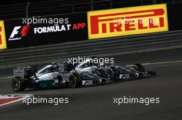 Nico Rosberg (GER) Mercedes AMG F1 W05 and Lewis Hamilton (GBR) Mercedes AMG F1 W05. 06.04.2014. Formula 1 World Championship, Rd 3, Bahrain Grand Prix, Sakhir, Bahrain, Race Day.