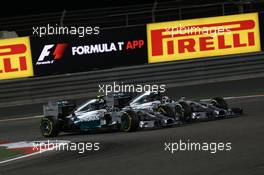 Nico Rosberg (GER) Mercedes AMG F1 and Lewis Hamilton (GBR) Mercedes AMG F1 W05. 06.04.2014. Formula 1 World Championship, Rd 3, Bahrain Grand Prix, Sakhir, Bahrain, Race Day.
