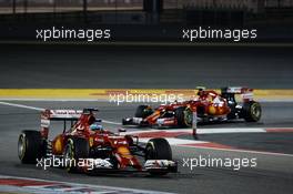 Fernando Alonso (ESP) Ferrari F14-T leads team mate Kimi Raikkonen (FIN) Ferrari F14-T. 06.04.2014. Formula 1 World Championship, Rd 3, Bahrain Grand Prix, Sakhir, Bahrain, Race Day.