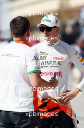 Nico Hulkenberg (GER) Sahara Force India F1 with Bradley Joyce (GBR) Sahara Force India F1 Race Engineer. 05.04.2014. Formula 1 World Championship, Rd 3, Bahrain Grand Prix, Sakhir, Bahrain, Qualifying Day.