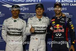pole position for Nico Rosberg (GER) Mercedes AMG F1 2nd for Lewis Hamilton (GBR) Mercedes AMG F1 W05 and 3rd for Daniel Ricciardo (AUS) Red Bull Racing RB10. 05.04.2014. Formula 1 World Championship, Rd 3, Bahrain Grand Prix, Sakhir, Bahrain, Qualifying Day.