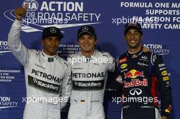 pole position for Nico Rosberg (GER) Mercedes AMG F1 2nd for Lewis Hamilton (GBR) Mercedes AMG F1 W05 and 3rd for Daniel Ricciardo (AUS) Red Bull Racing RB10. 05.04.2014. Formula 1 World Championship, Rd 3, Bahrain Grand Prix, Sakhir, Bahrain, Qualifying Day.