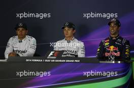 The post qualifying FIA Press Conference (L to R): Lewis Hamilton (GBR) Mercedes AMG F1, second; Nico Rosberg (GER) Mercedes AMG F1, pole position; Daniel Ricciardo (AUS) Red Bull Racing, third. 05.04.2014. Formula 1 World Championship, Rd 3, Bahrain Grand Prix, Sakhir, Bahrain, Qualifying Day.