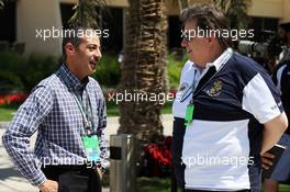 (L to R): Sherif Al Mahdy (BRN) Bahrain International Circuit Commercial Director with Graham Harris (RSA) Publisher. 05.04.2014. Formula 1 World Championship, Rd 3, Bahrain Grand Prix, Sakhir, Bahrain, Qualifying Day.