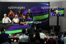 The FIA Press Conference (From back row (L to R)): Jules Bianchi (FRA) Marussia F1 Team; Jean-Eric Vergne (FRA) Scuderia Toro Rosso; Marcus Ericsson (SWE) Caterham; Nico Hulkenberg (GER) Sahara Force India F1; Jenson Button (GBR) McLaren; Romain Grosjean (FRA) Lotus F1 Team. 03.04.2014. Formula 1 World Championship, Rd 3, Bahrain Grand Prix, Sakhir, Bahrain, Preparation Day.