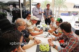 Sergio Perez (MEX) Sahara Force India F1 with the media. 03.04.2014. Formula 1 World Championship, Rd 3, Bahrain Grand Prix, Sakhir, Bahrain, Preparation Day.