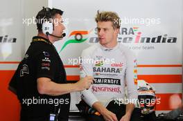(L to R): Bradley Joyce (GBR) Sahara Force India F1 Race Engineer with Nico Hulkenberg (GER) Sahara Force India F1. 07.11.2014. Formula 1 World Championship, Rd 18, Brazilian Grand Prix, Sao Paulo, Brazil, Practice Day.