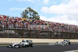 Nico Rosberg (GER) Mercedes AMG F1 W05 leads team mate Lewis Hamilton (GBR) Mercedes AMG F1 W05. 09.11.2014. Formula 1 World Championship, Rd 18, Brazilian Grand Prix, Sao Paulo, Brazil, Race Day.