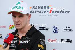 Nico Hulkenberg (GER) Sahara Force India F1 with the media. 06.11.2014. Formula 1 World Championship, Rd 18, Brazilian Grand Prix, Sao Paulo, Brazil, Preparation Day.