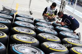 Pirelli tyres marked by a Red Bull Racing mechanic. 06.11.2014. Formula 1 World Championship, Rd 18, Brazilian Grand Prix, Sao Paulo, Brazil, Preparation Day.