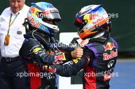 3rd place Sebastian Vettel (GER) Red Bull Racing with 1st place Daniel Ricciardo (AUS) Red Bull Racing RB10. 08.06.2014. Formula 1 World Championship, Rd 7, Canadian Grand Prix, Montreal, Canada, Race Day.