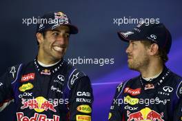 (L to R): Race winner Daniel Ricciardo (AUS) Red Bull Racing with team mate Sebastian Vettel (GER) Red Bull Racing in the post race FIA Press Conference. 08.06.2014. Formula 1 World Championship, Rd 7, Canadian Grand Prix, Montreal, Canada, Race Day.