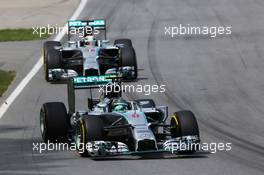 Nico Rosberg (GER) Mercedes AMG F1 W05 leads team mate Lewis Hamilton (GBR) Mercedes AMG F1 W05. 08.06.2014. Formula 1 World Championship, Rd 7, Canadian Grand Prix, Montreal, Canada, Race Day.