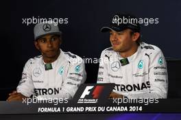 The post qualifying FIA Press Conference (L to R): Lewis Hamilton (GBR) Mercedes AMG F1, second; Nico Rosberg (GER) Mercedes AMG F1, pole position. 07.06.2014. Formula 1 World Championship, Rd 7, Canadian Grand Prix, Montreal, Canada, Qualifying Day.