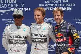 Qualifying top three in parc ferme (L to R): Lewis Hamilton (GBR) Mercedes AMG F1, second; Nico Rosberg (GER) Mercedes AMG F1, pole position; Sebastian Vettel (GER) Red Bull Racing, third. 07.06.2014. Formula 1 World Championship, Rd 7, Canadian Grand Prix, Montreal, Canada, Qualifying Day.