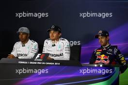 The post qualifying FIA Press Conference (L to R): Lewis Hamilton (GBR) Mercedes AMG F1, second; Nico Rosberg (GER) Mercedes AMG F1, pole position; Sebastian Vettel (GER) Red Bull Racing, third. 07.06.2014. Formula 1 World Championship, Rd 7, Canadian Grand Prix, Montreal, Canada, Qualifying Day.